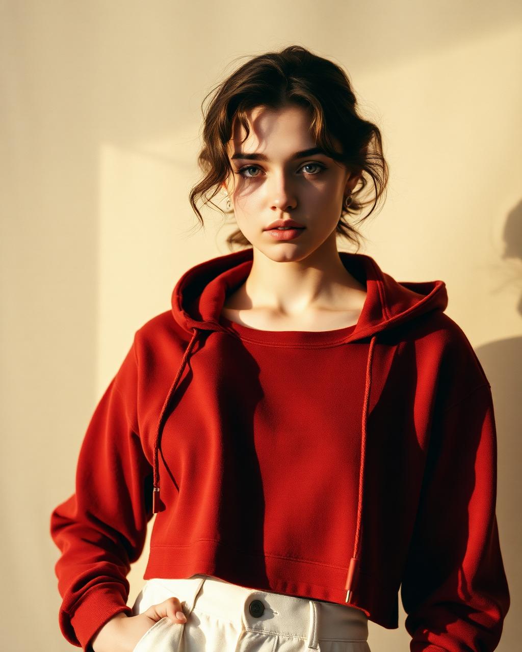 Model wearing the Rosewood Cropped Hoodie in warm afternoon light